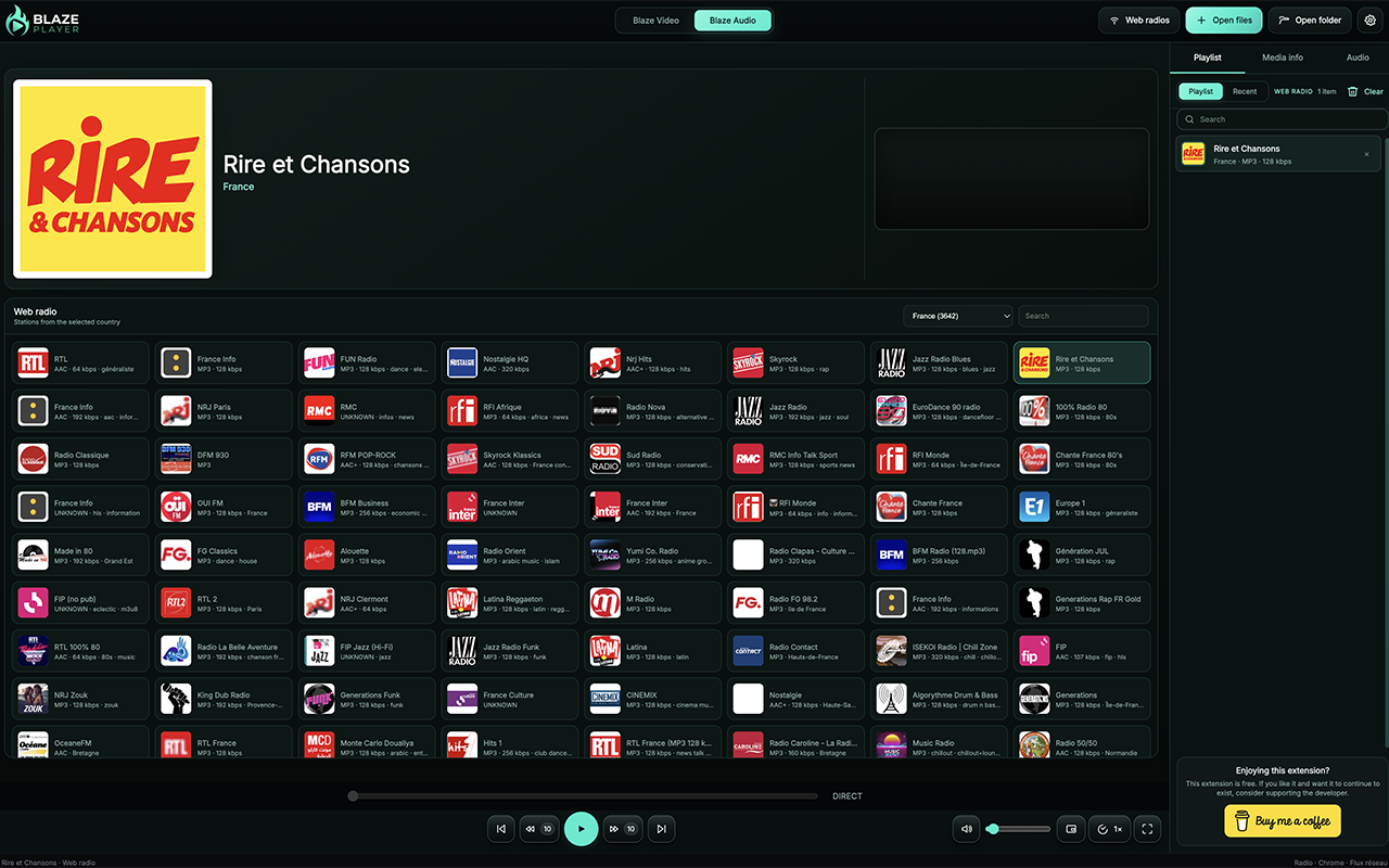 Radios web dans Blaze Player for Browser